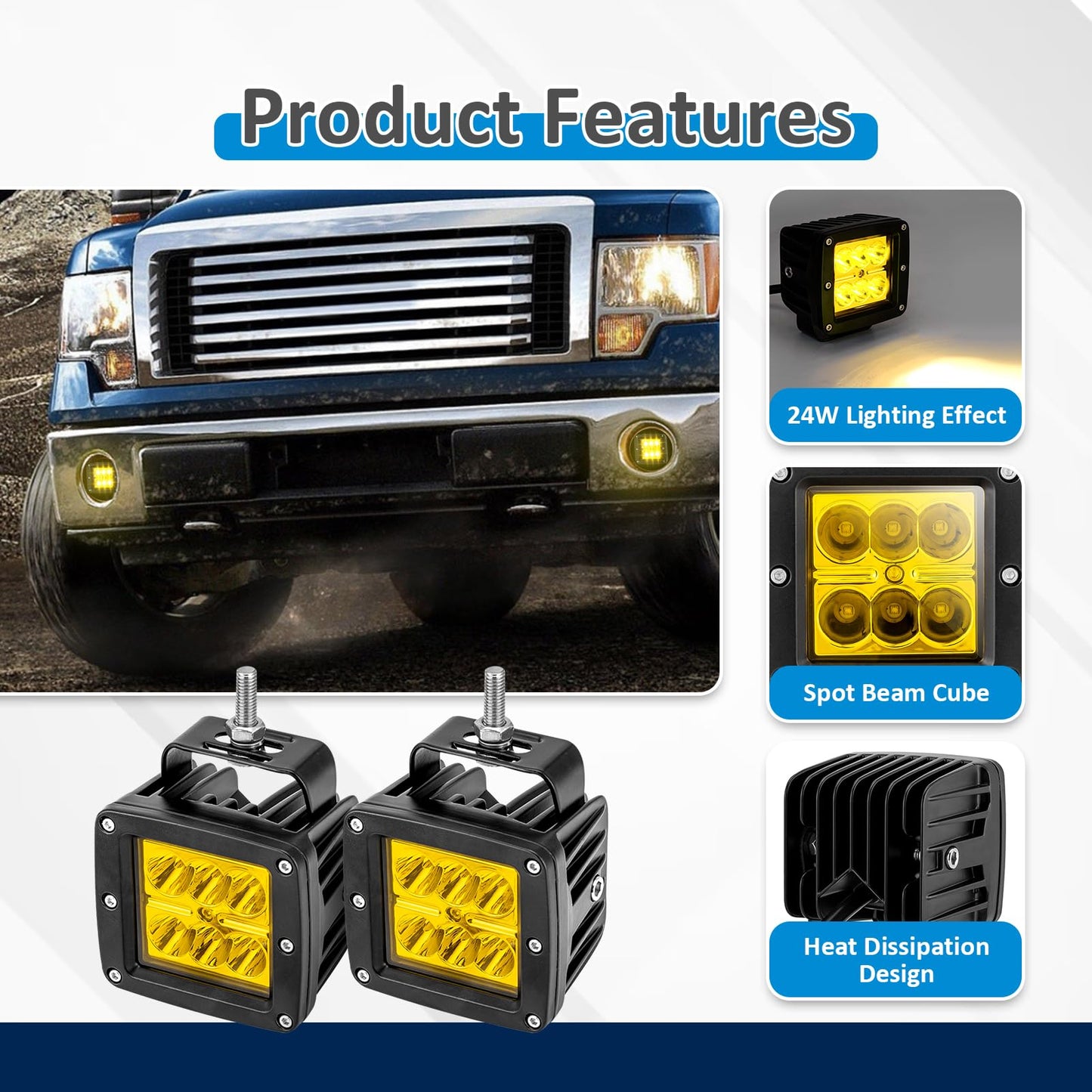 2pcs 24 W LED Light Pods & Ditch Hood Hinge LED Pod Mount Bracket w/Wiring Kit Compatible with Toyota Tacoma 2016-2024 - OMOTOR