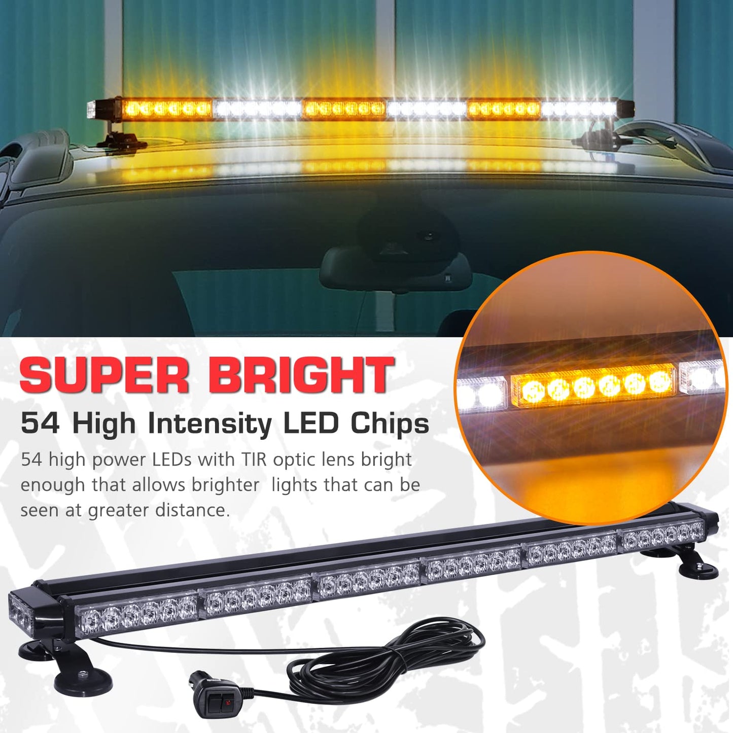 Aluminum Double Side  37.5'' 78 LED Strobe Light Bar w/Magnetic Base for Safety Construction Plow Truck Vehicles
