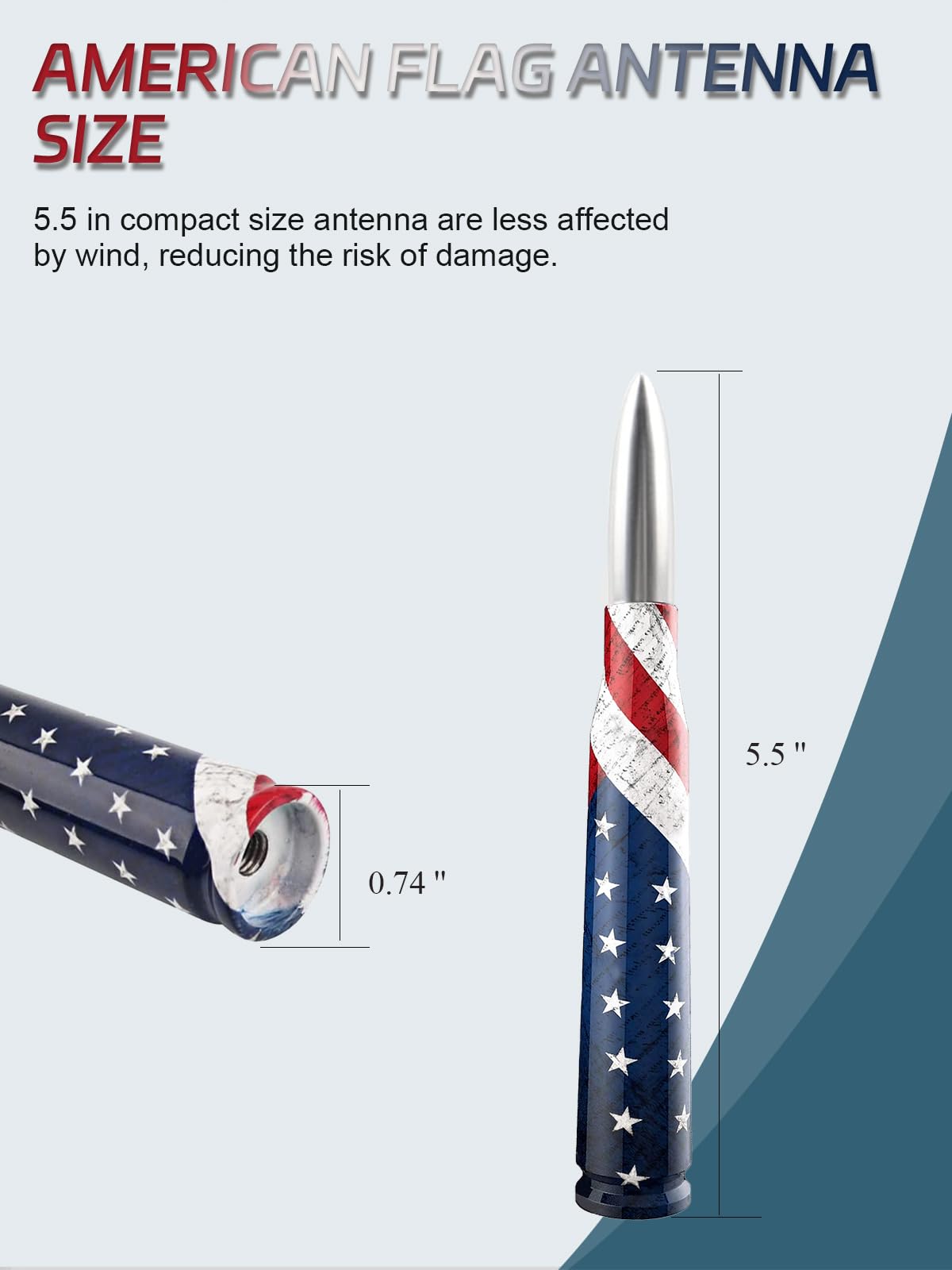 Universal 50 Cal American Flag Bullet Truck Antenna Compatible with GMC Sierra 1500 Chevy Dodge Ram Silverado 1500, 2500, 3500, Ford F150, F250, F350