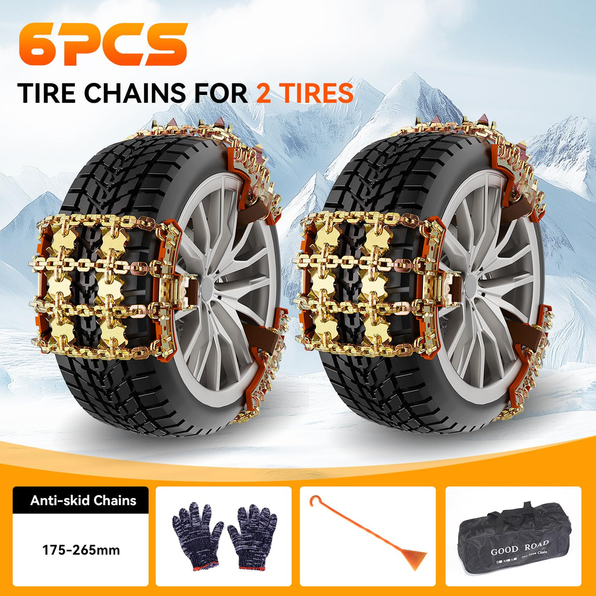 6 Pack Thickened Snow Chains For Truck SUV in Snow, Ice, Sand and Mud (175-265)