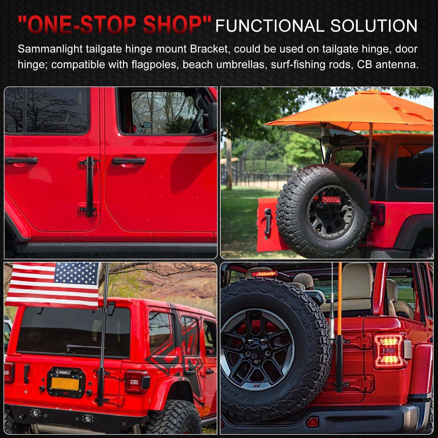 Tailgate Hinge Mounted Single Flag & Antenna Holder Kit Compatible with Jeep Wrangler JK JL Sahara Rubicon & Unlimited (08-17 JK; 18-21 JL)