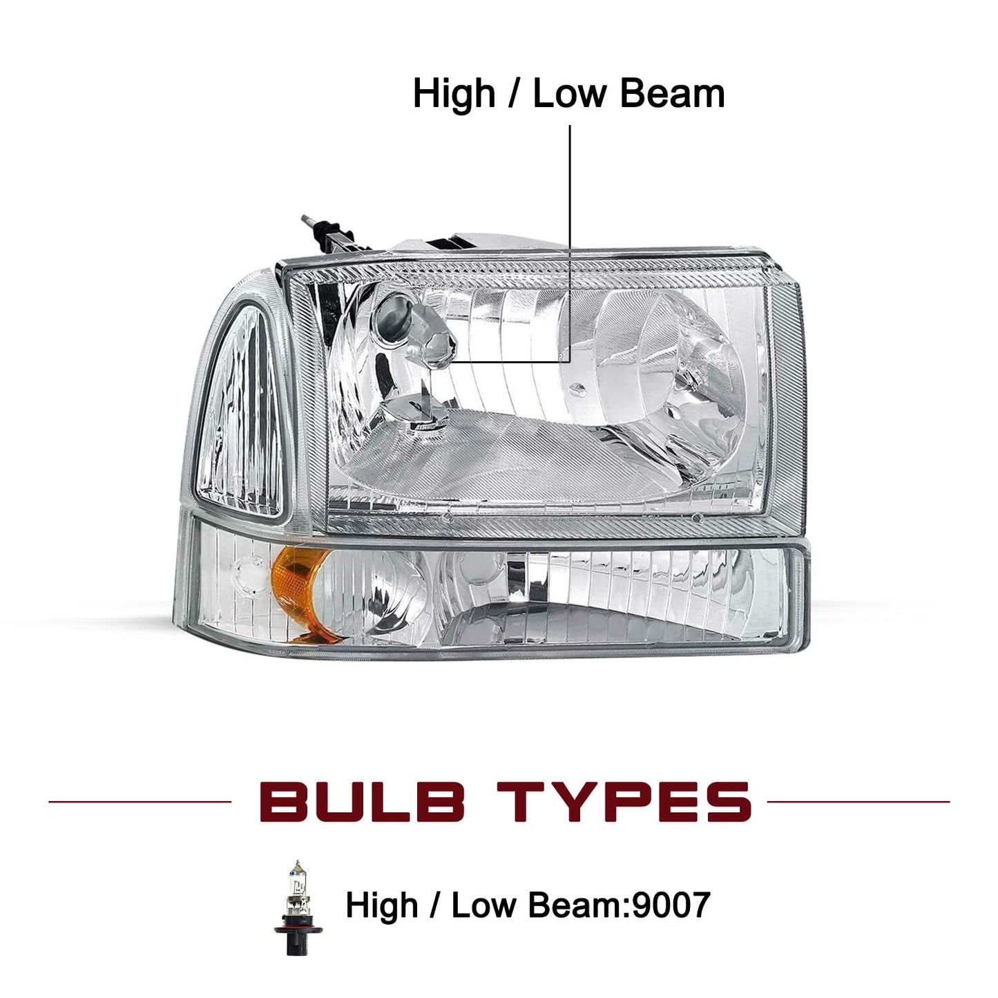 Headlight Assembly Compatible with 1999-2004 Ford F-250 F-350 F-450 F-550 Super Duty/2000-2004 Ford Excursion Headlamp(Chrome Housing with Amber Reflector)