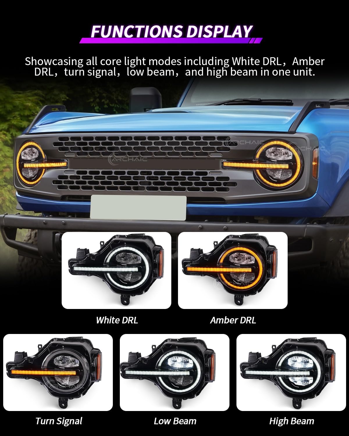 LED Headlights Assembly with Amber/White DRL, Sequential Turn Signal Front Light for Ford Bronco 2021-2025