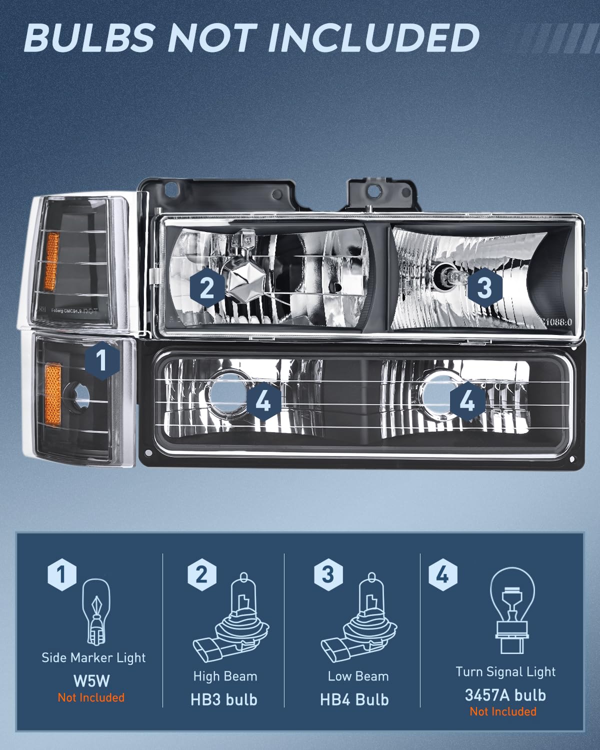 Headlights for 1994-1998 GMC C/K 1500 2500 3500 Sierra; for 94-99 GMC C/K 1500 2500 Suburban Yukon Headlight Assembly 94 95 96 97 98 Headlamp+Corner Side Marker Lights+Bumper Signal Lights - OMOTOR