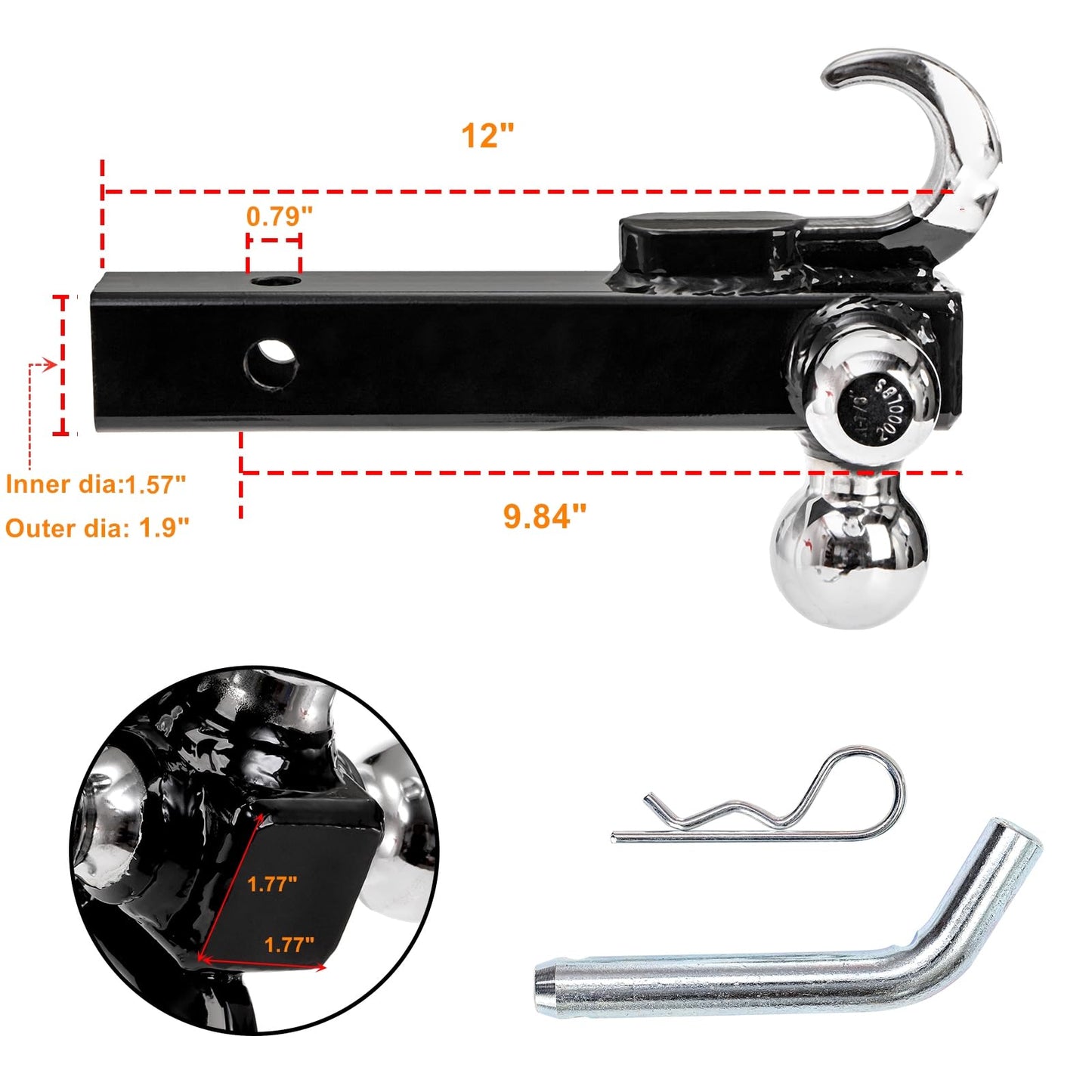 Trailer Hitch Tri-Ball Mount with Hook, Tactical Tow Hook, Sizes 1-7/8", 2" and 2-5/16", Fits 2 Inch Hitch Receiver