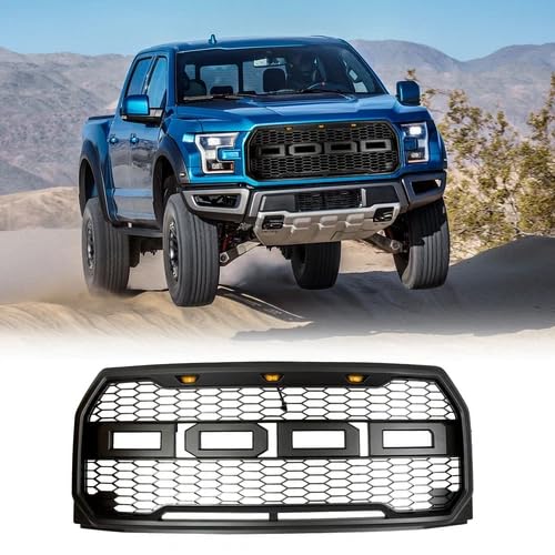 Raptor Style Matte Black Front Bumper Grille with Yellow LED Lights Fit for 2015-2017 Ford F150 - OMOTOR