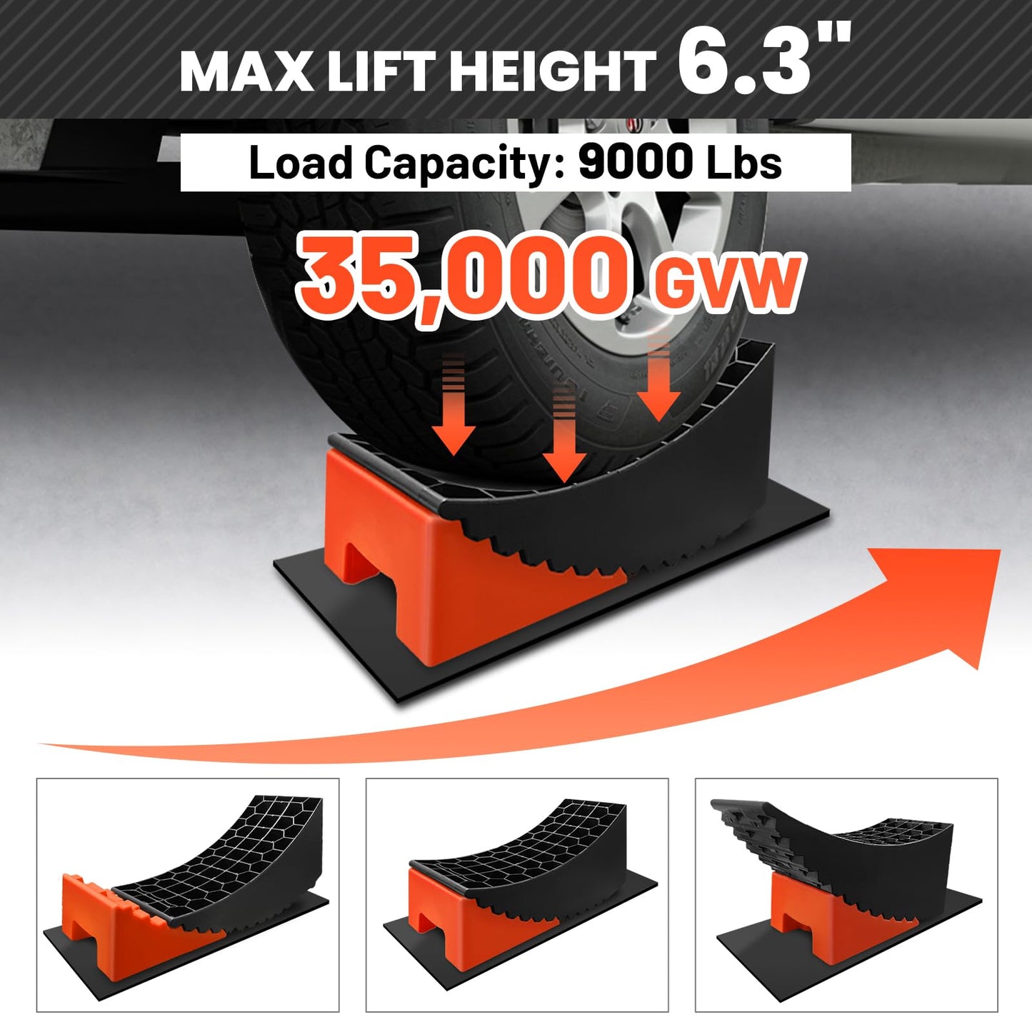 Car Tire Change Ramp 6.3" Tire Lift Curved Leveling Block Fits Dual Axle Travel Trailer RV Camper