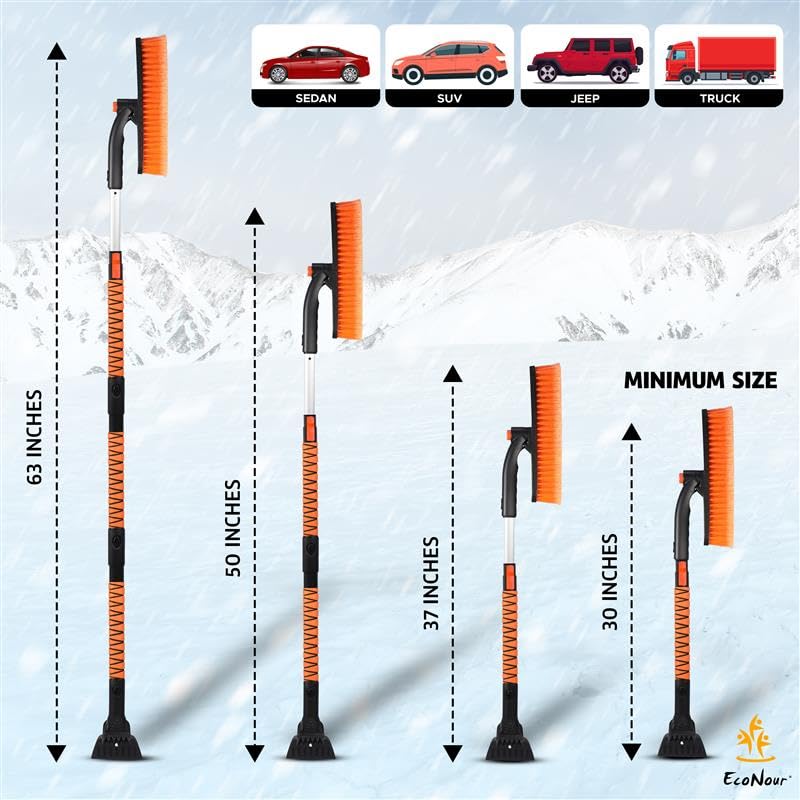 63" Extendable Snow Brush & Ice Scraper with 360° Pivoting Head for Car Windshield, Roof & SUVs Trucks