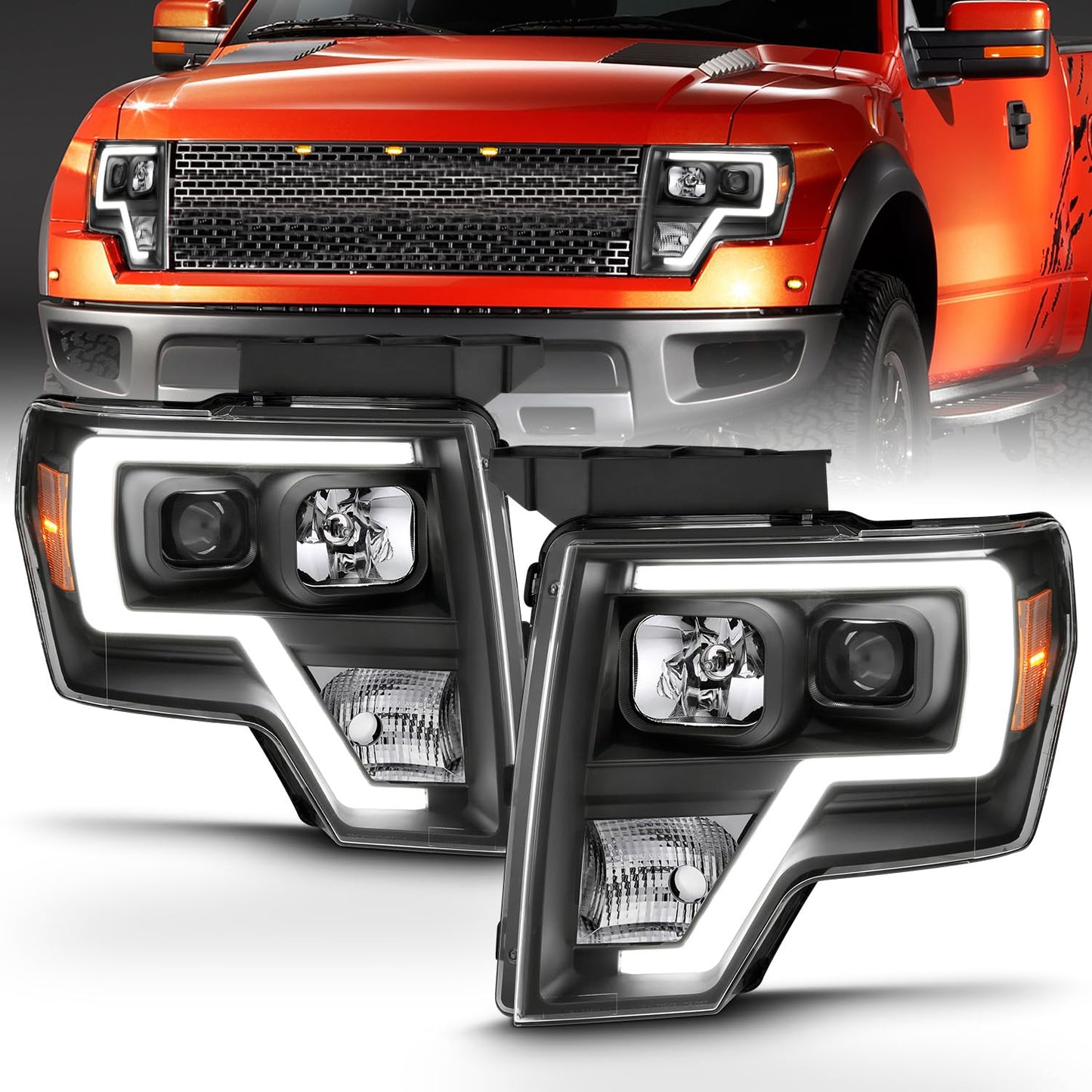 For 2009-2014 Ford F150 LED Bar Square Projector Headlights Set