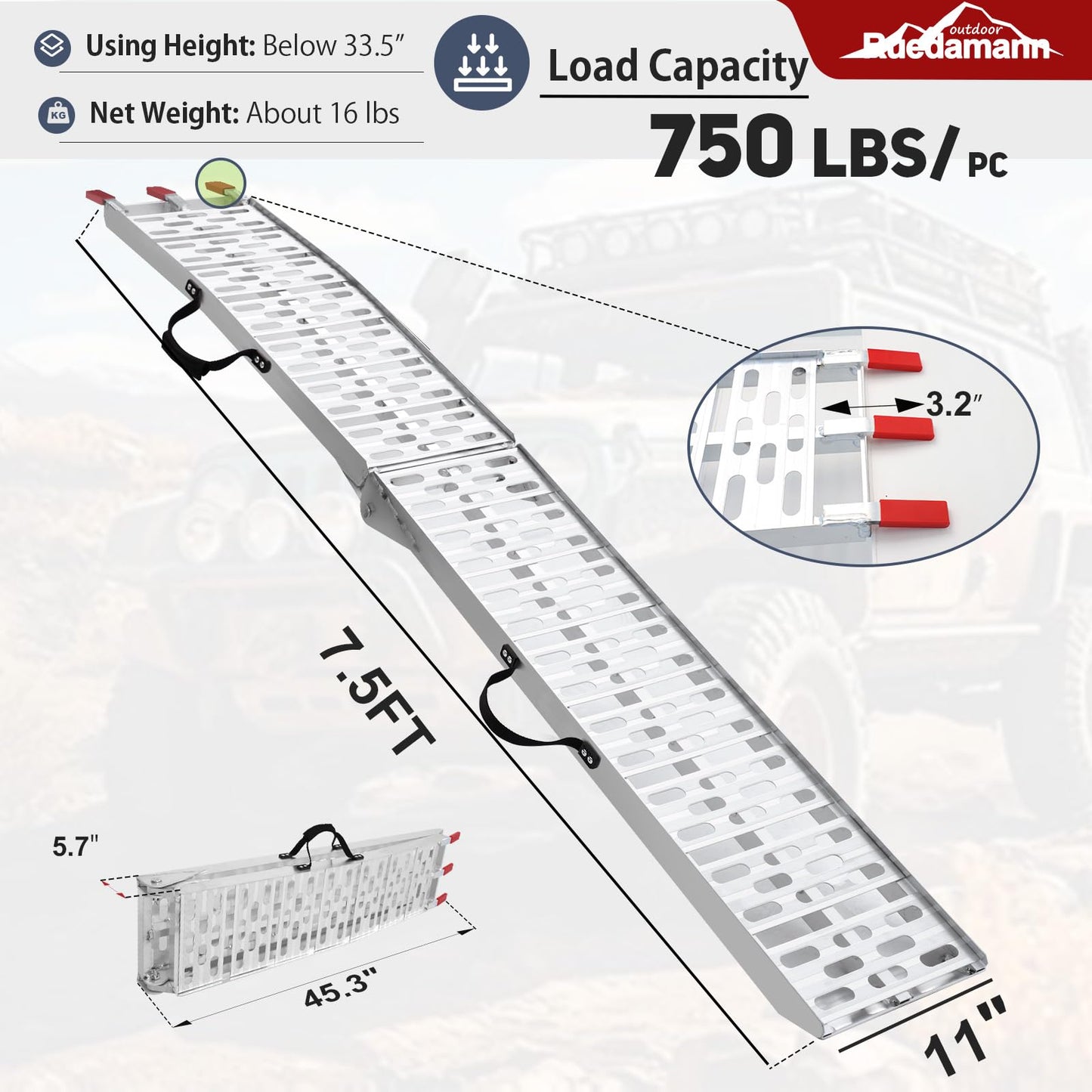 7.5FT Aluminum Motorcycle Ramp, 750 lbs Capacity for ATV, Motorcycle, Lawn Mower, Dirt Bike, Load Straps Included, 1 PC