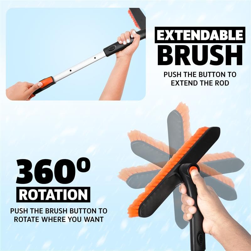 63" Extendable Snow Brush & Ice Scraper with 360° Pivoting Head for Car Windshield, Roof & SUVs Trucks