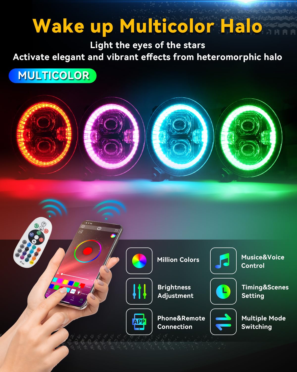 9 Inch Multi-Color LED Headlights with Angel Eyes Ring Compatible with Jeep Wrangler JL JLU Unlimited & Gladiator JT (2018-2025)