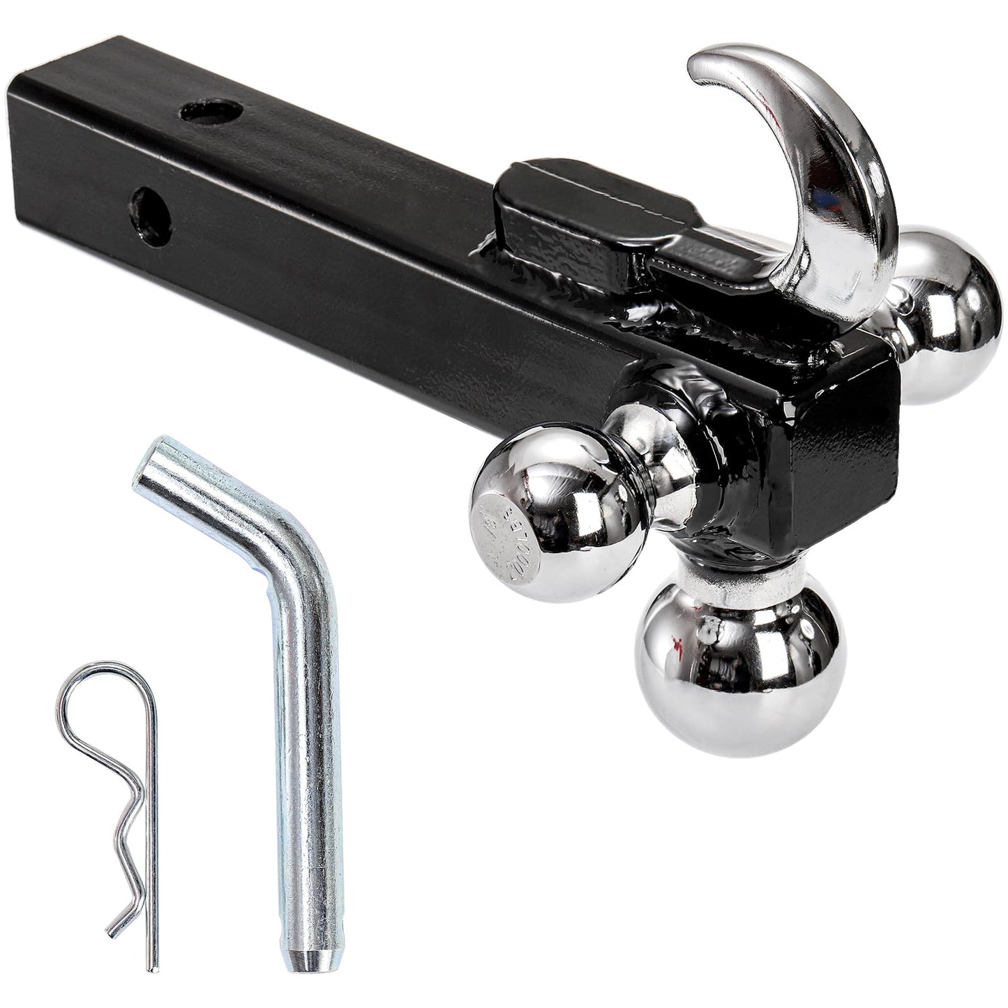 Trailer Hitch Tri-Ball Mount with Hook, Tactical Tow Hook, Sizes 1-7/8", 2" and 2-5/16", Fits 2 Inch Hitch Receiver