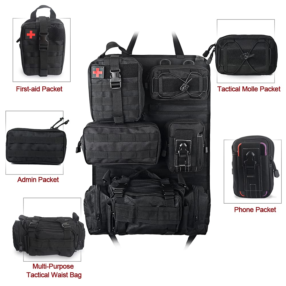 Tactical Seat Back Organizer Storage Hanger Bag with 5 Detachable Molle Pouch fits for All Vehicel