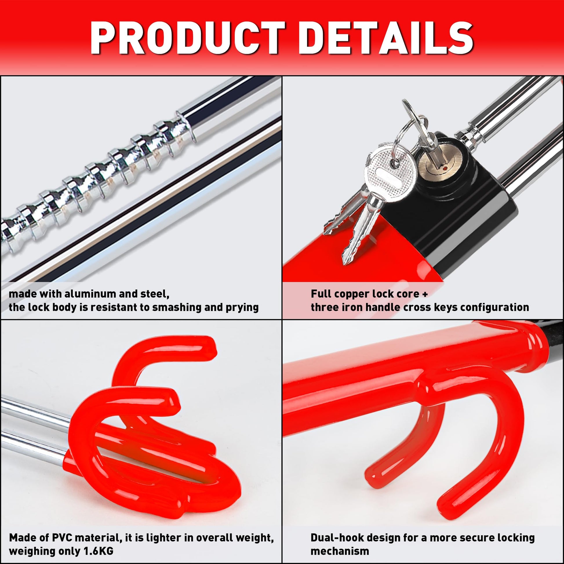 Heavy Duty Steering Wheel Lock Anti-Theft Car Device Security For Cars Trucks Vans and SUVs with 3 Keys - OMOTOR
