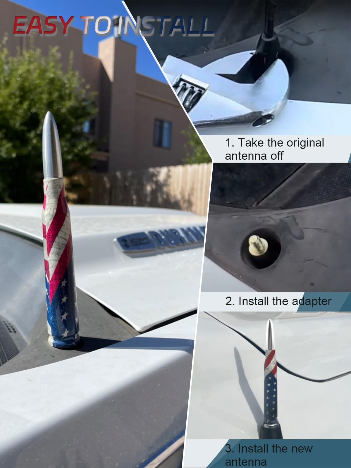 Universal 50 Cal American Flag Bullet Truck Antenna Compatible with GMC Sierra 1500 Chevy Dodge Ram Silverado 1500, 2500, 3500, Ford F150, F250, F350