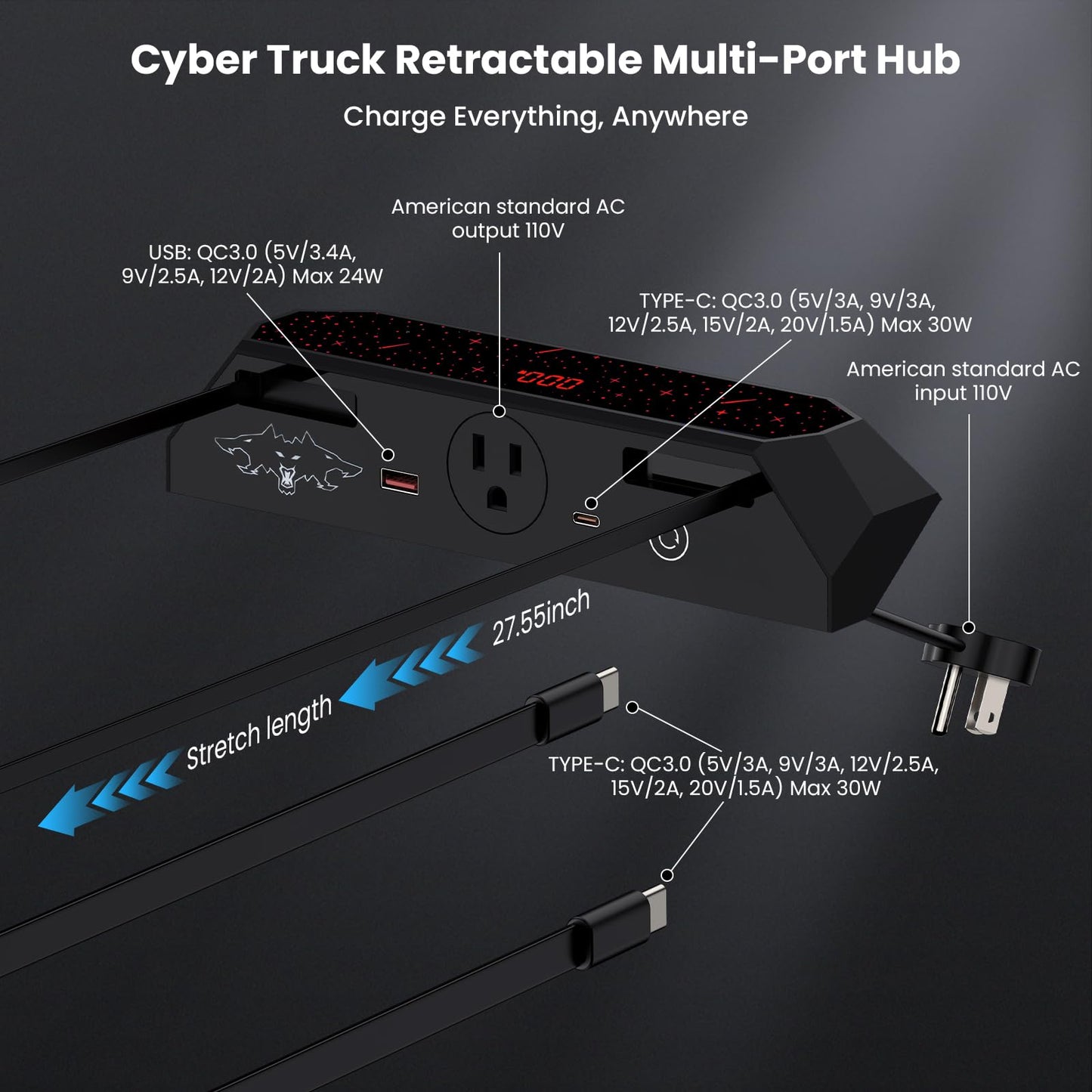 USB Charger Hub for Tesla Cybetruck with 110V AC Outlet & Retractable Cables - Seamless Integration
