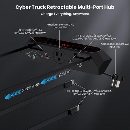 USB Charger Hub for Tesla Cybetruck with 110V AC Outlet & Retractable Cables - Seamless Integration