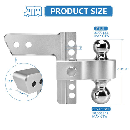 Adjustable Trailer Hitch, Fits 2.5 Inch Receiver, 6 Inch Drop Hitch, 18,500 LBS GTW, Aluminum Forged Shank, 2 Inch & 2-5/16 Inch Balls, Towing Hitch for Heavy Duty Truck with Double Lock Pins