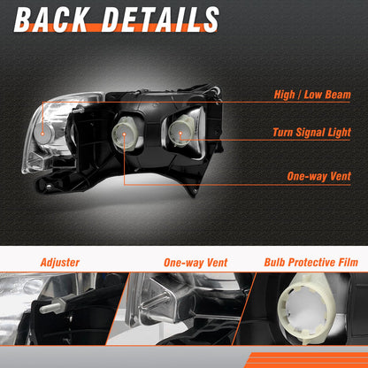 Fits 1999-2001 Dodge Ram 1500 2500 3500 Sport Clear Headlights Corner Lamps L+R