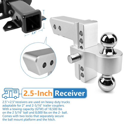 Adjustable Trailer Hitch, Fits 2.5 Inch Receiver, 6 Inch Drop Hitch, 18,500 LBS GTW, Aluminum Forged Shank, 2 Inch & 2-5/16 Inch Balls, Towing Hitch for Heavy Duty Truck with Double Lock Pins