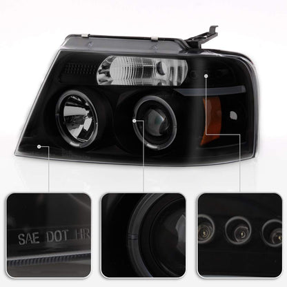 For 2004-2008 Ford F150 LED Dual Halo Ring Smoked Lens Projector Headlights Headlamps, Driver & Passenger Side - OMOTOR