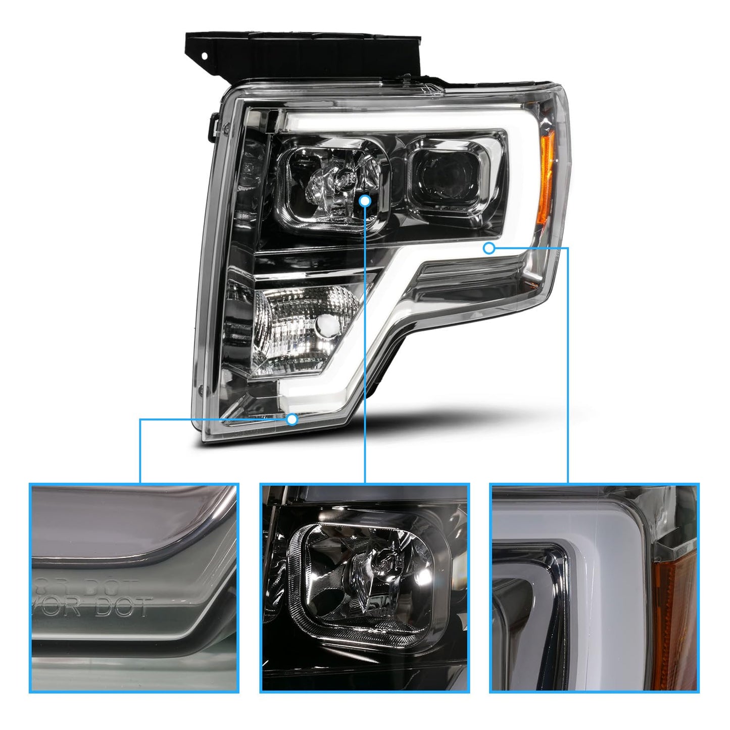 For 2009-2014 Ford F150 LED Bar Square Projector Headlights Set