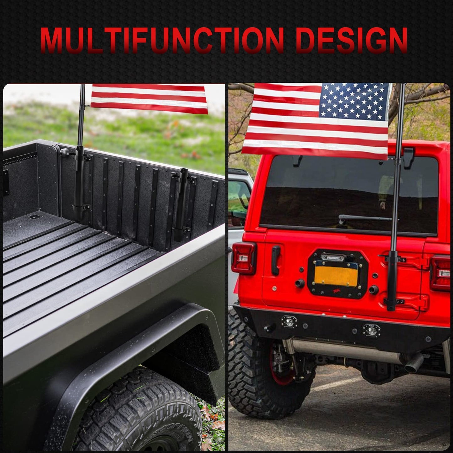 Tailgate Hinge Mounted Single Flag & Antenna Holder Kit Compatible with Jeep Wrangler JK JL Sahara Rubicon & Unlimited (08-17 JK; 18-21 JL)