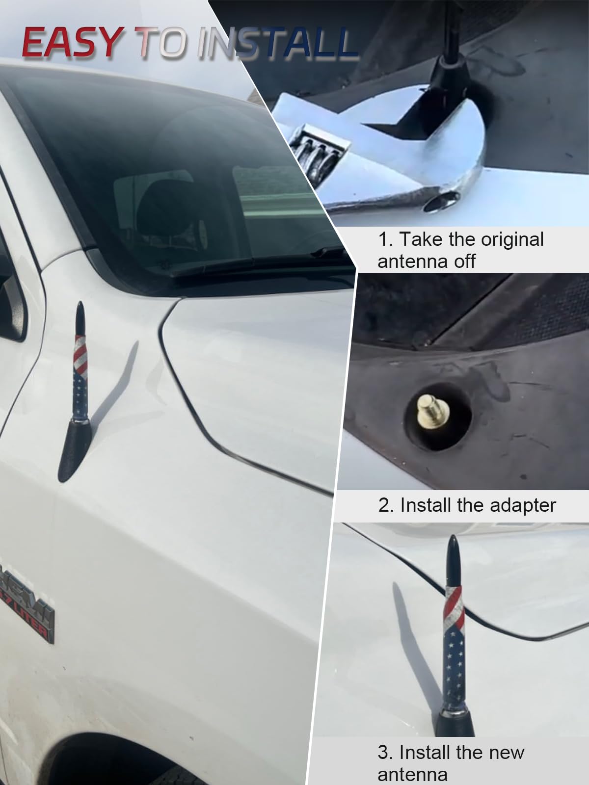 Universal 50 Cal American Flag Bullet Truck Antenna Compatible with GMC Sierra 1500 Chevy Dodge Ram Silverado 1500, 2500, 3500, Ford F150, F250, F350