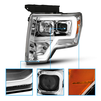 Square Projector Halogen Black Headlights Pair LED Bar Set For 2009-2014 Ford F150 High/Low Beam Bulb Included - Driver and Passenger Side - OMOTOR