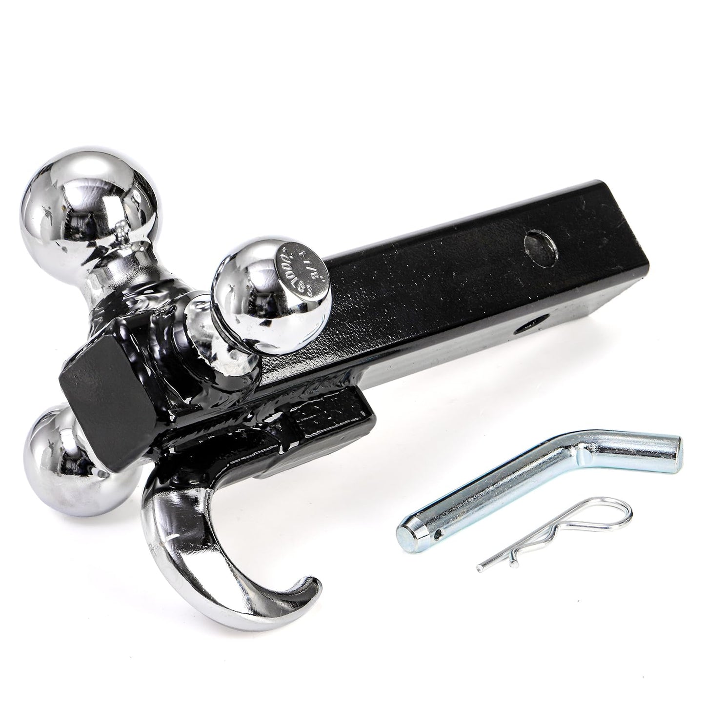 Trailer Hitch Tri-Ball Mount with Hook, Tactical Tow Hook, Sizes 1-7/8", 2" and 2-5/16", Fits 2 Inch Hitch Receiver