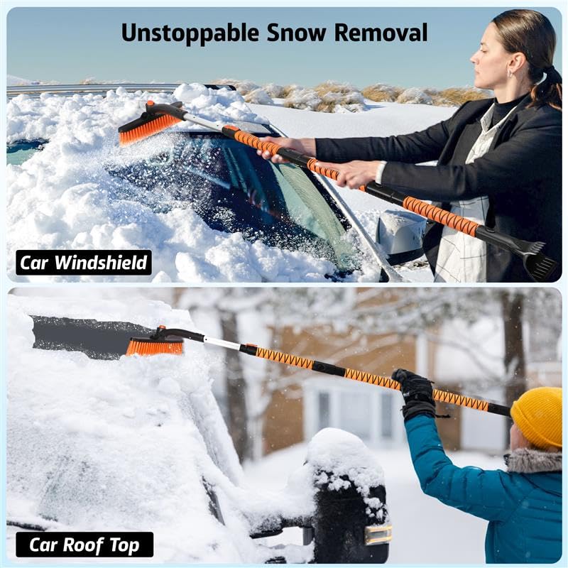63" Extendable Snow Brush & Ice Scraper with 360° Pivoting Head for Car Windshield, Roof & SUVs Trucks
