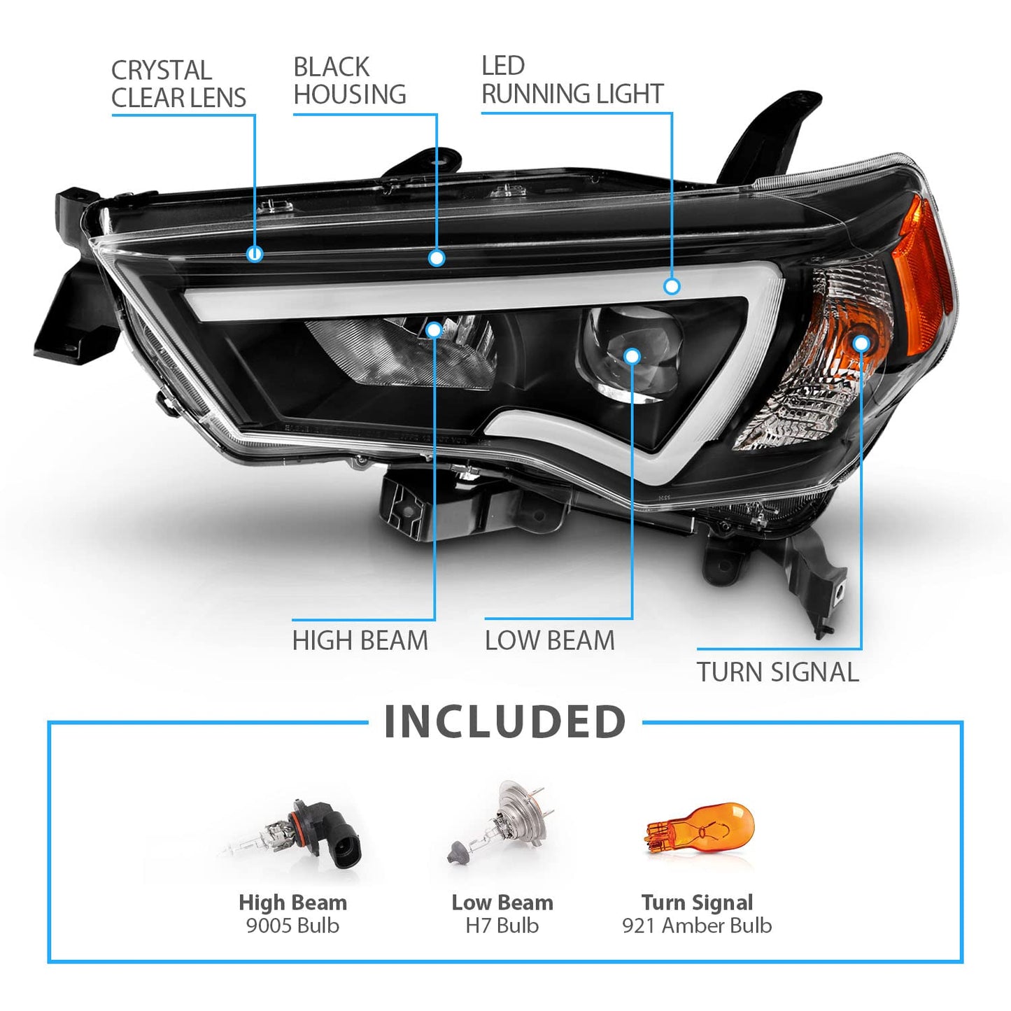 LED Tube Square Projector Headlights Assembly Set For Toyota 4Runner 2014-2023