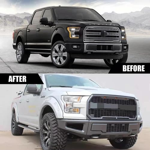 Raptor Style Matte Black Front Bumper Grille with Yellow LED Lights Fit for 2015-2017 Ford F150 - OMOTOR
