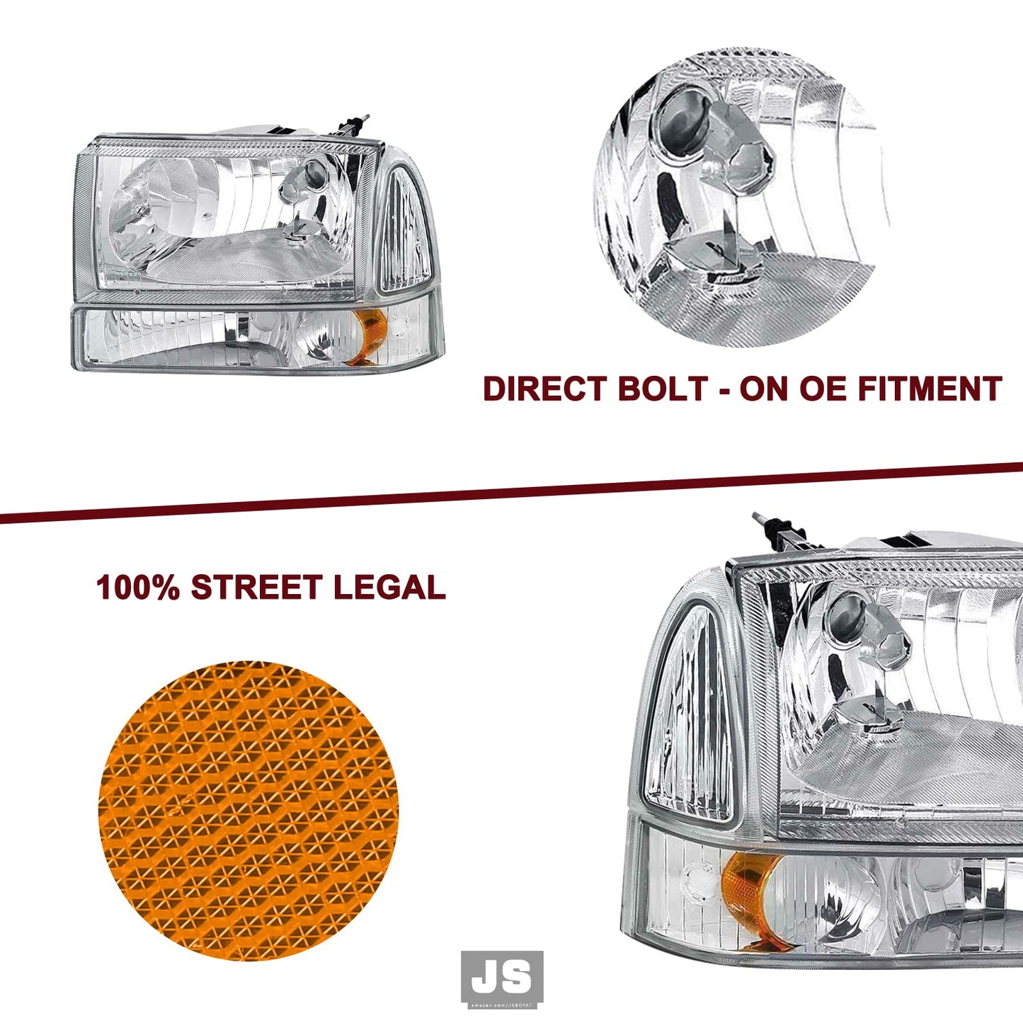 Headlight Assembly Compatible with 1999-2004 Ford F-250 F-350 F-450 F-550 Super Duty/2000-2004 Ford Excursion Headlamp(Chrome Housing with Amber Reflector)