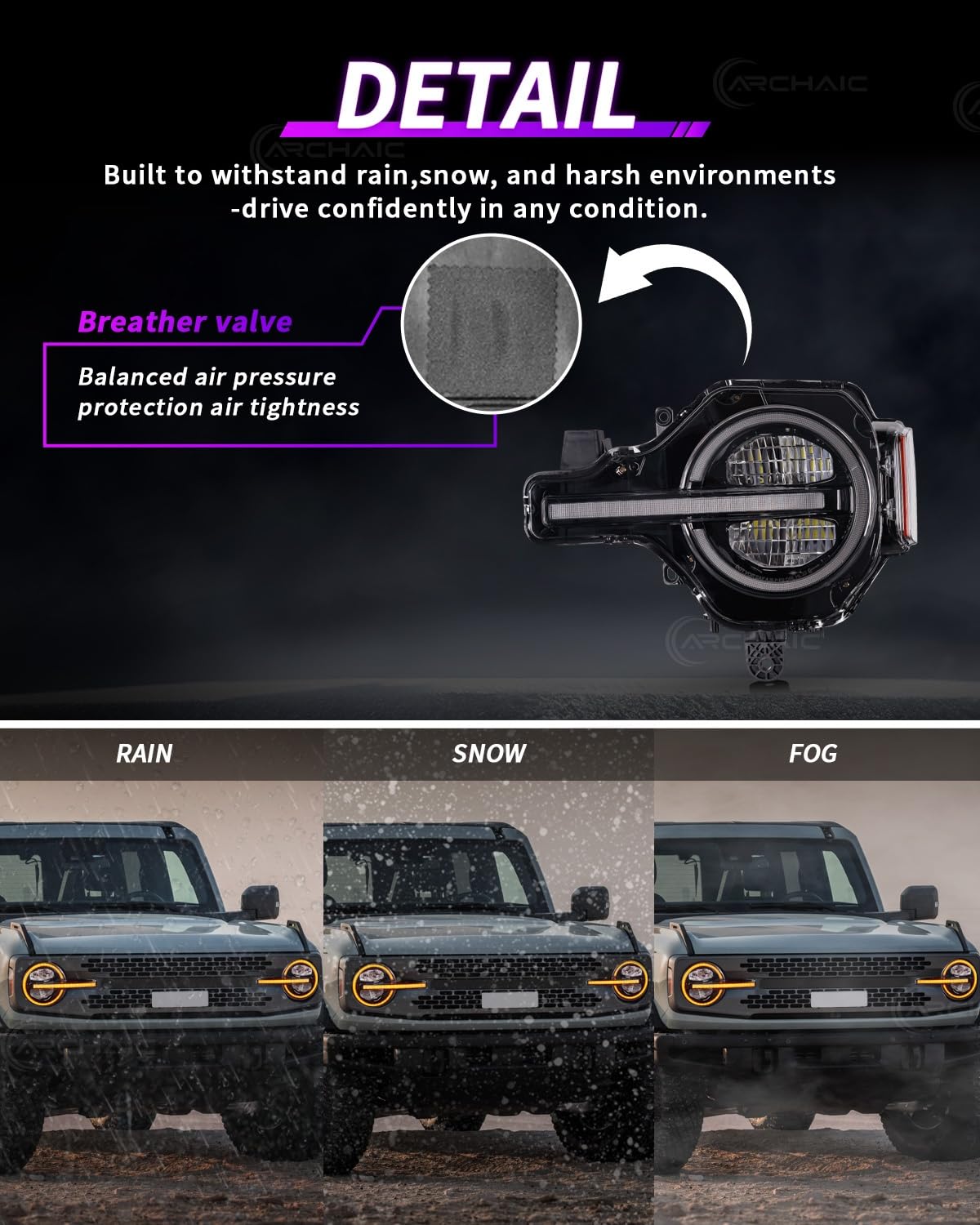 LED Headlights Assembly with Amber/White DRL, Sequential Turn Signal Front Light for Ford Bronco 2021-2025