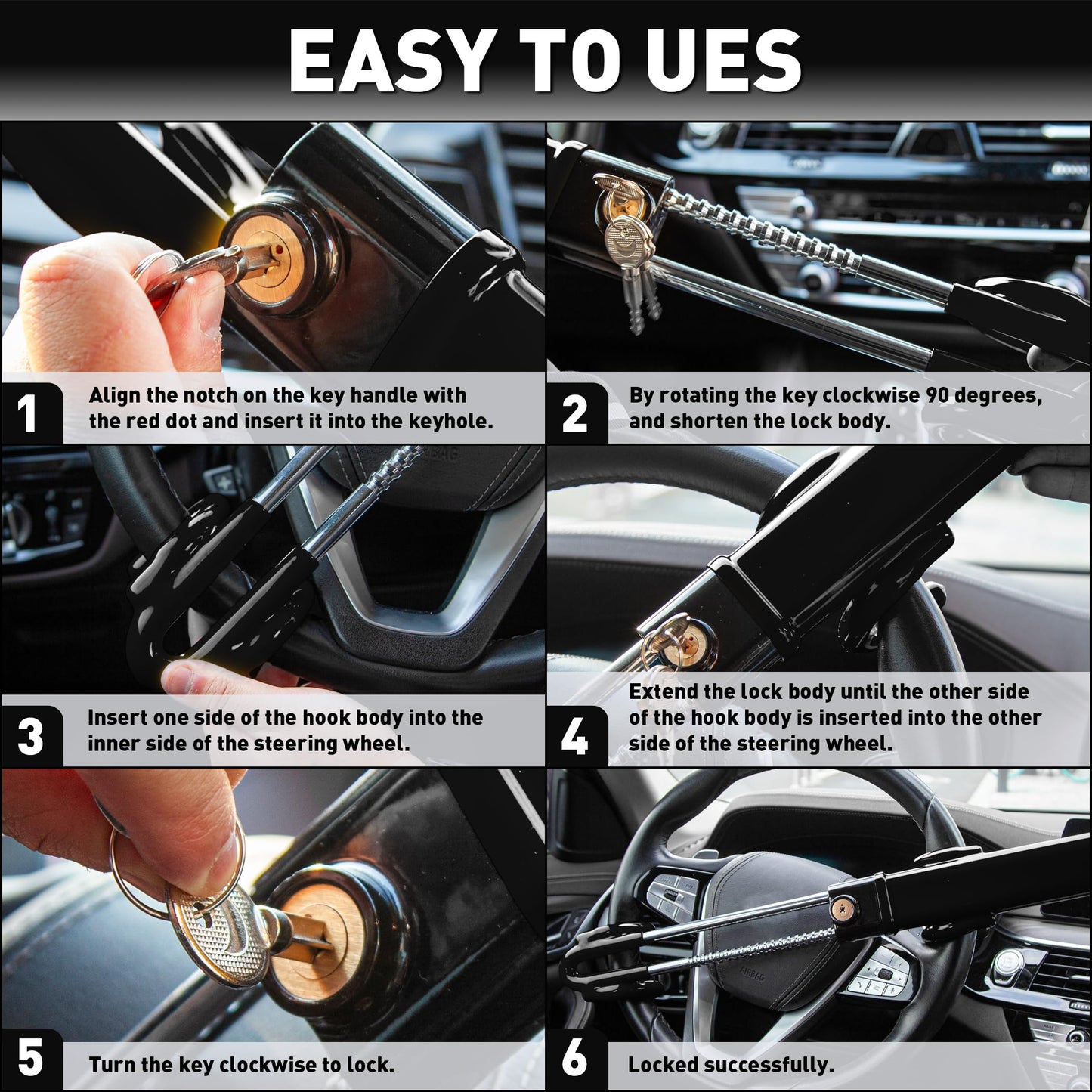 Heavy Duty Steering Wheel Lock Anti-Theft Car Device Security For Cars Trucks Vans and SUVs with 3 Keys - OMOTOR