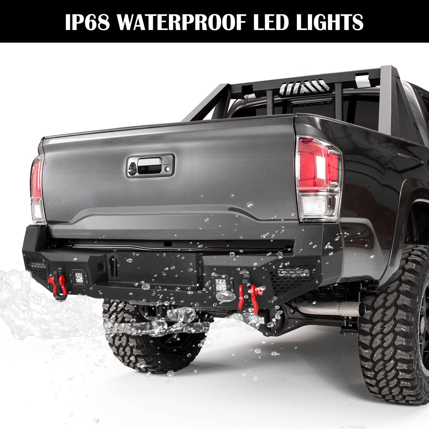 Rear Bumper Compatible with 2016-2023 Toyota Tacoma 3rd Gen with 4 x 18W LED Lights, Paintable Armor & D-rings, Sensor Holes