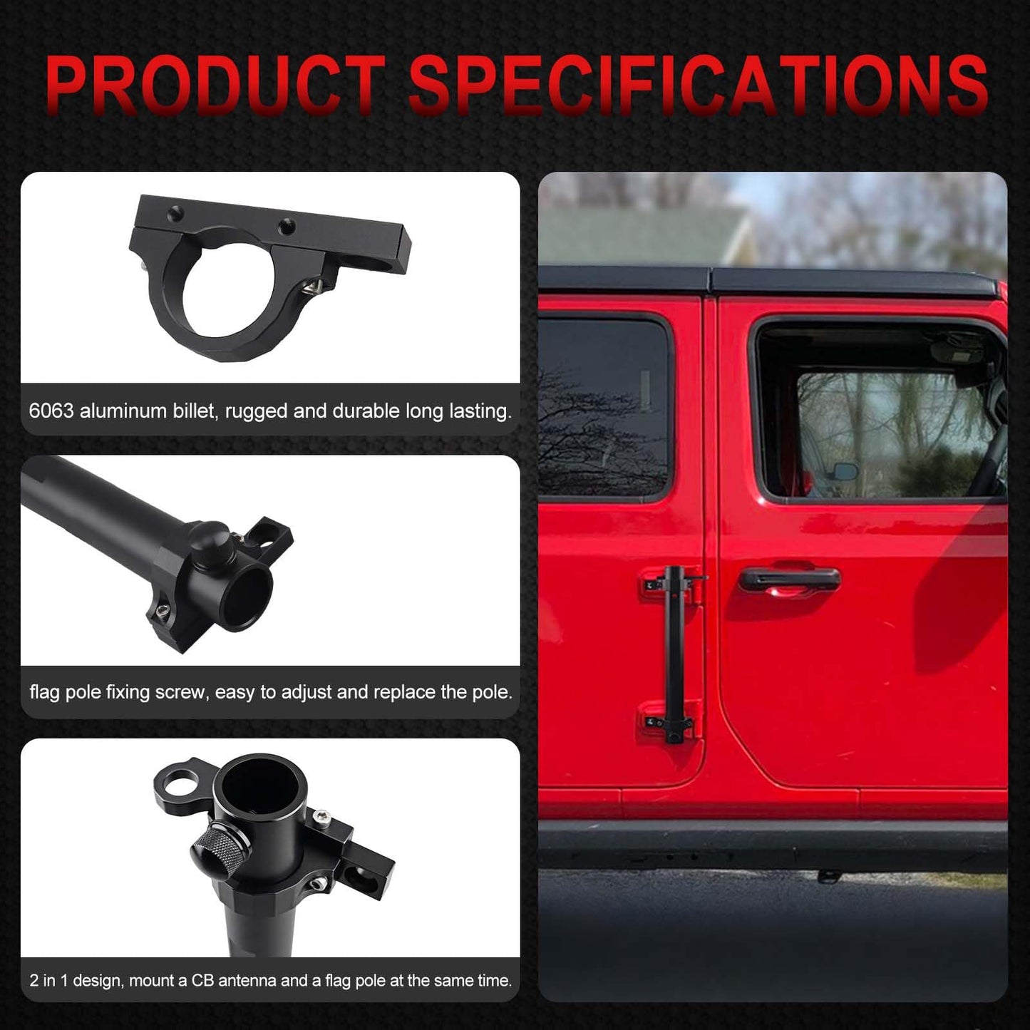 Tailgate Hinge Mounted Single Flag & Antenna Holder Kit Compatible with Jeep Wrangler JK JL Sahara Rubicon & Unlimited (08-17 JK; 18-21 JL)