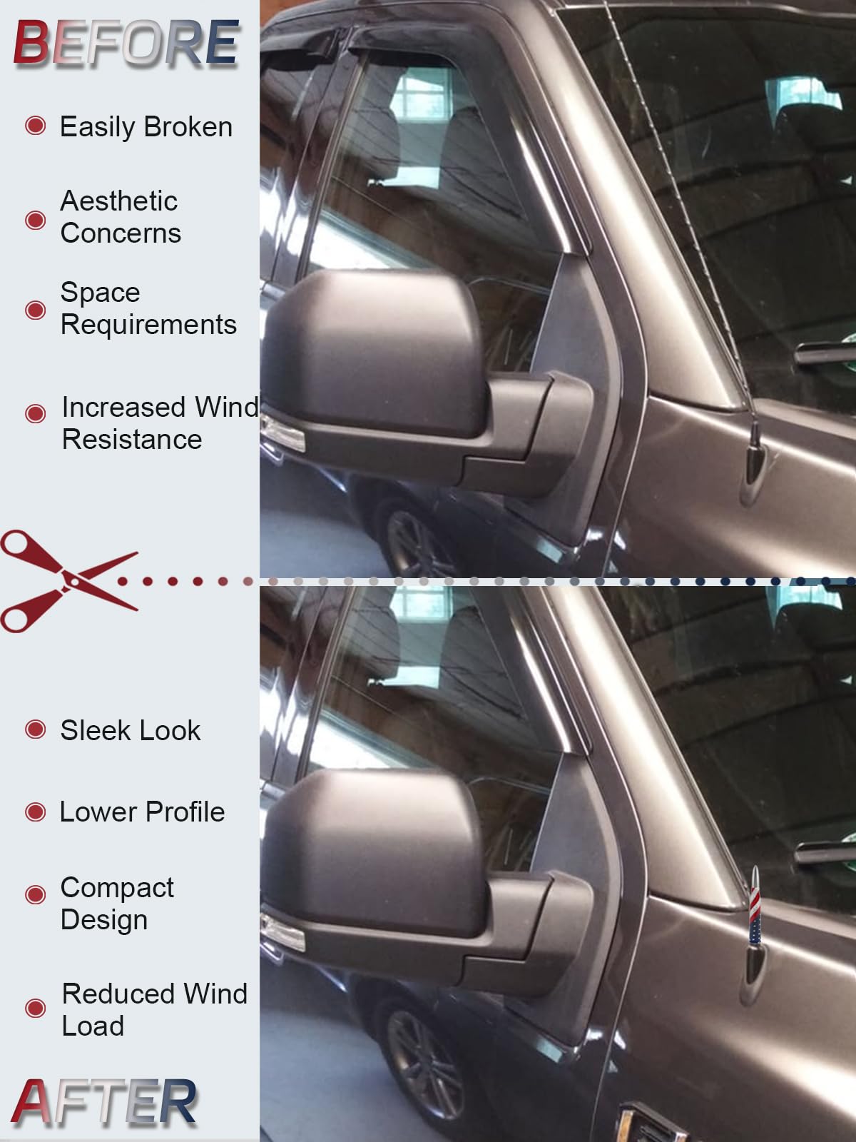 Universal 50 Cal American Flag Bullet Truck Antenna Compatible with GMC Sierra 1500 Chevy Dodge Ram Silverado 1500, 2500, 3500, Ford F150, F250, F350