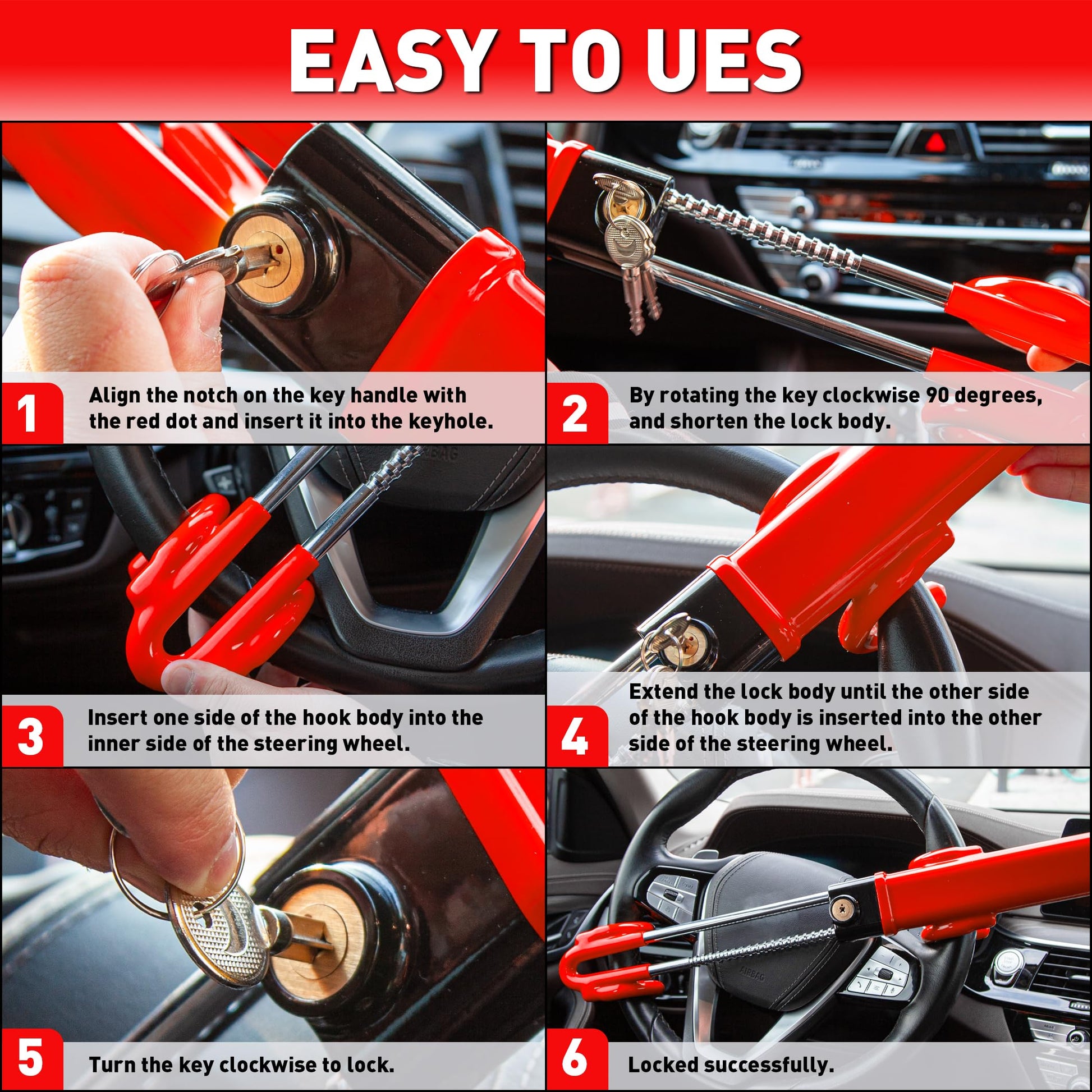 Heavy Duty Steering Wheel Lock Anti-Theft Car Device Security For Cars Trucks Vans and SUVs with 3 Keys - OMOTOR
