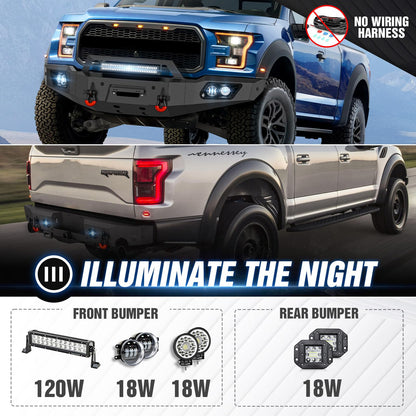 Front & Rear Bumpers Compatible with 2017 - 2020 F150 F-150 F 150 SVT Raptor with LED Lights