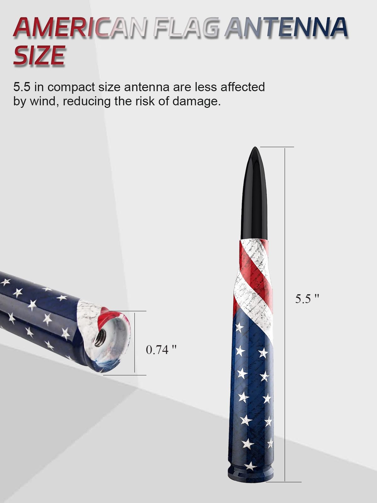 Universal 50 Cal American Flag Bullet Truck Antenna Compatible with GMC Sierra 1500 Chevy Dodge Ram Silverado 1500, 2500, 3500, Ford F150, F250, F350