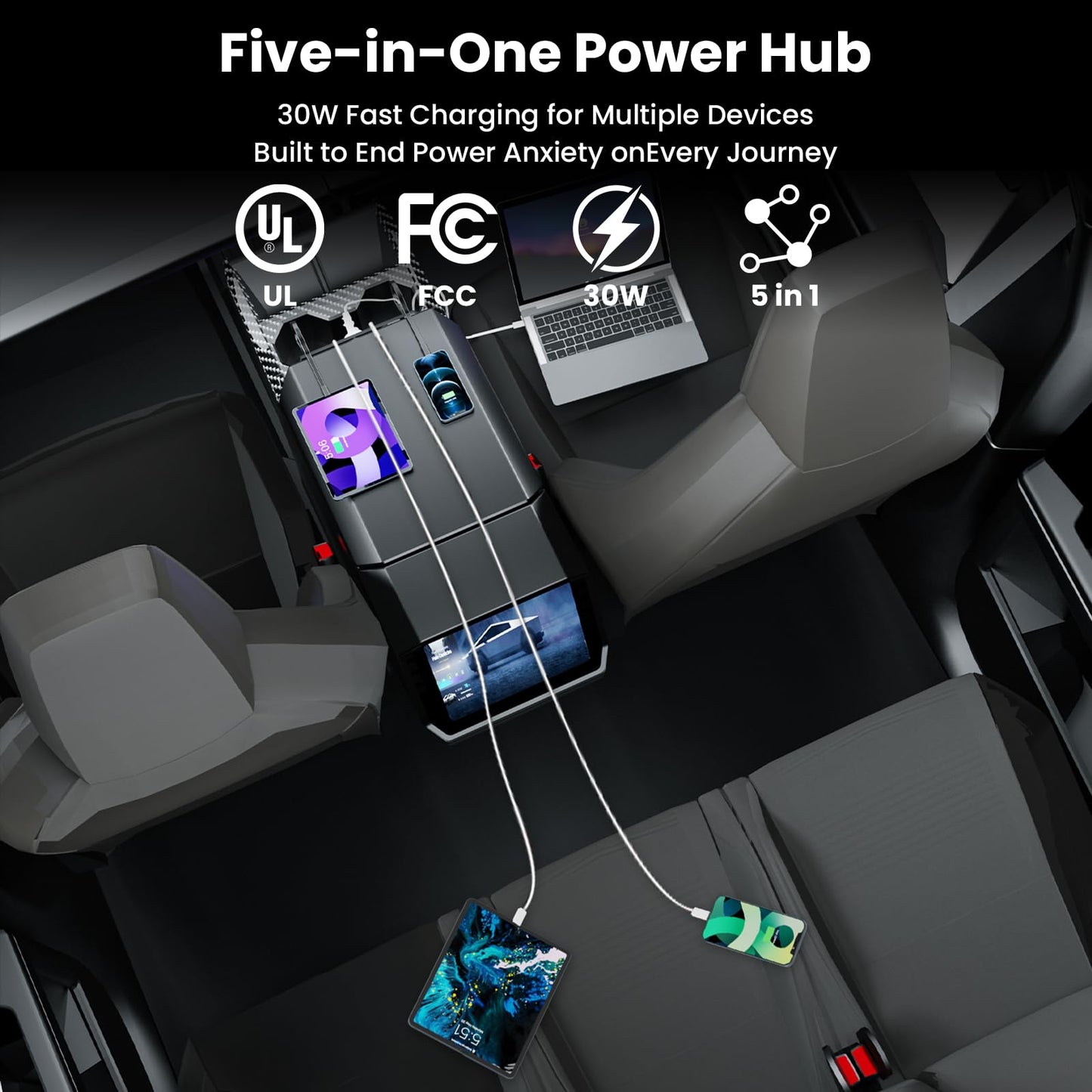 USB Charger Hub for Tesla Cybetruck with 110V AC Outlet & Retractable Cables - Seamless Integration