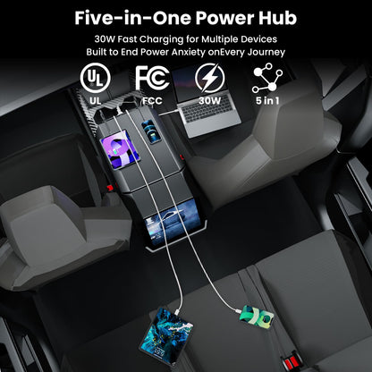 USB Charger Hub for Tesla Cybetruck with 110V AC Outlet & Retractable Cables - Seamless Integration