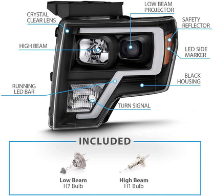 For 2009-2014 Ford F150 LED Bar Square Projector Headlights Set