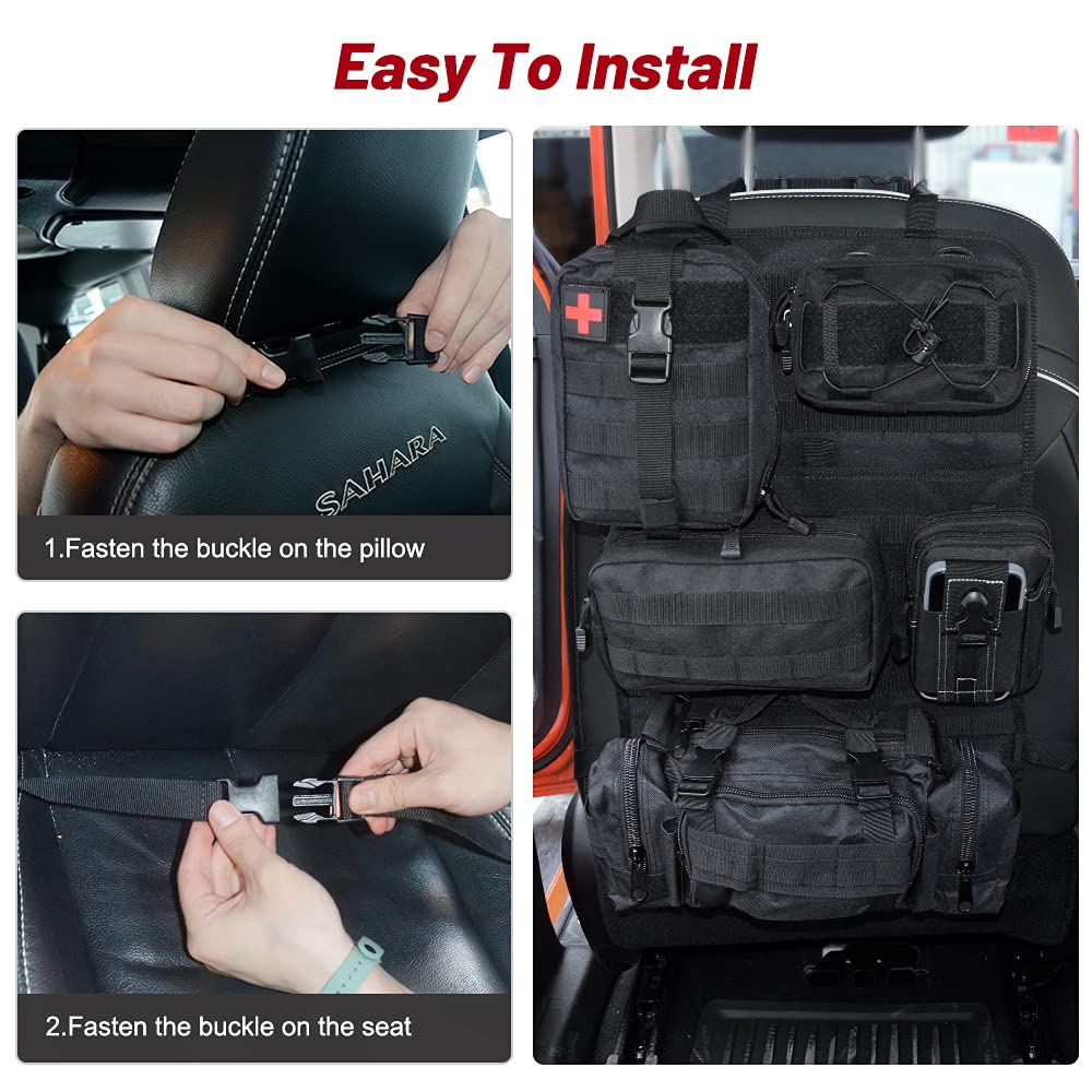 Tactical Seat Back Organizer Storage Hanger Bag with 5 Detachable Molle Pouch fits for All Vehicel