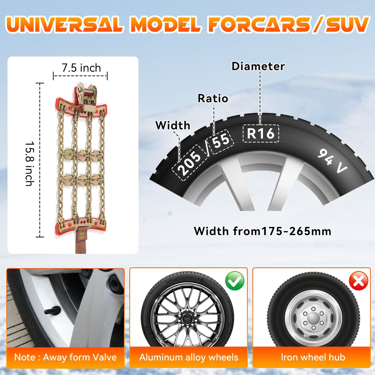 6 Pack Thickened Snow Chains For Truck SUV in Snow, Ice, Sand and Mud (175-265)