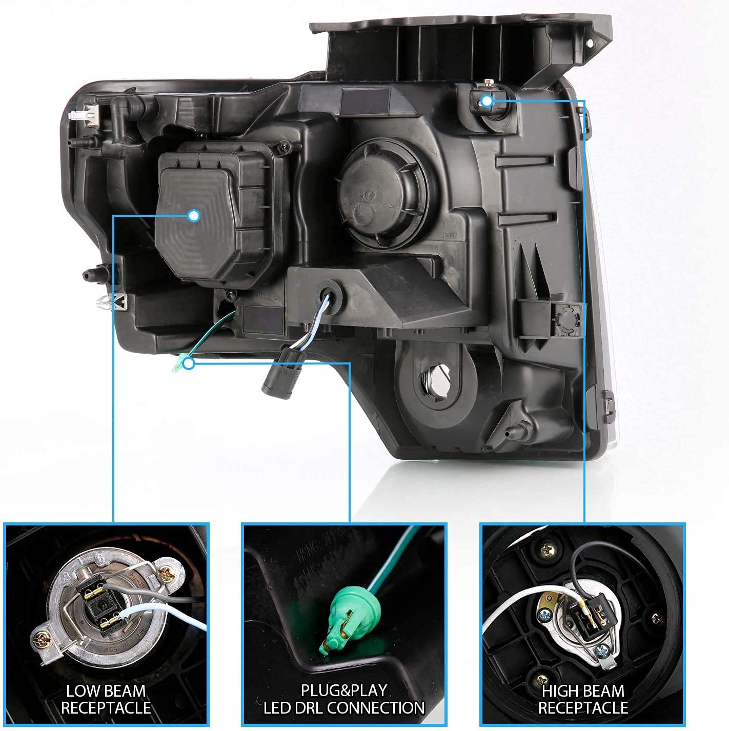 For 2009-2014 Ford F150 LED Bar Square Projector Headlights Set