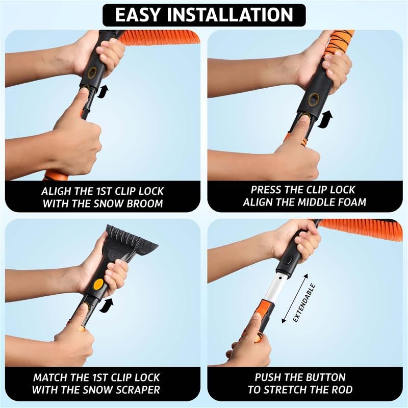 63" Extendable Snow Brush & Ice Scraper with 360° Pivoting Head for Car Windshield, Roof & SUVs Trucks